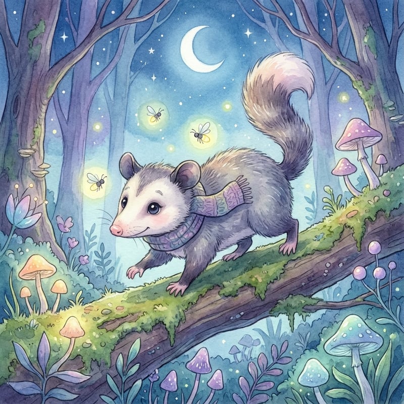 Curious Possum in Nighttime Woodland