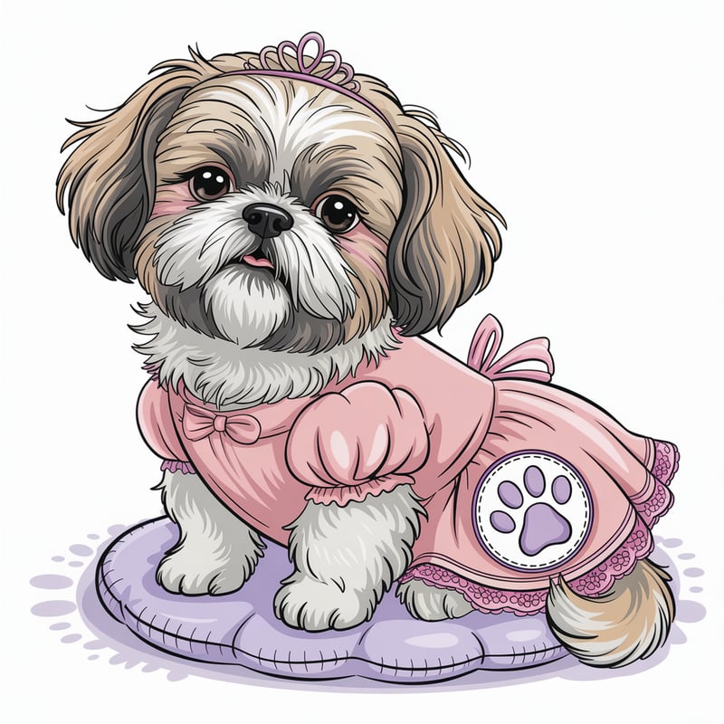 Shih Tzu in Pink Dress Illustration