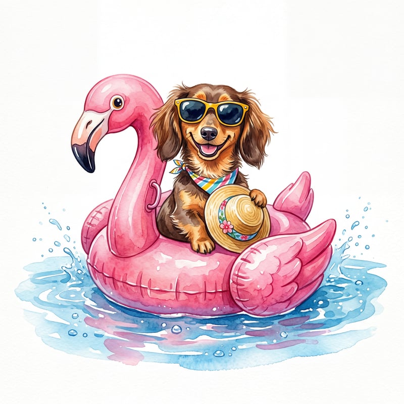 Happy Dachshund on Flamingo Float