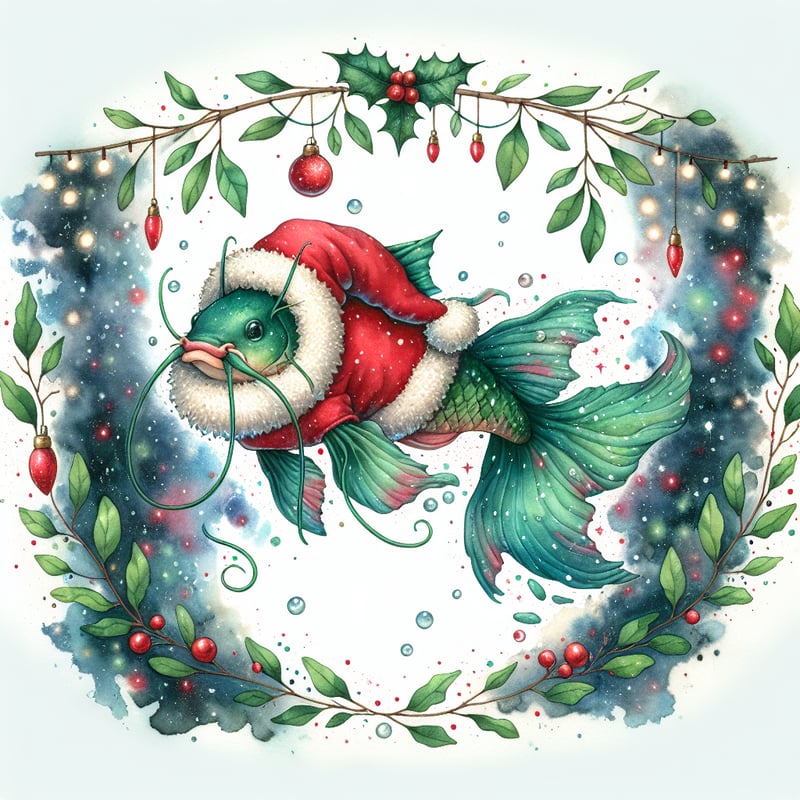 Catfish in Santa Suit Watercolor Art