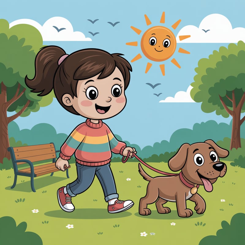 Cartoon Girl Walking Dog in Sunny Park