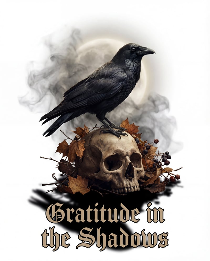 Gothic Crow on Skull with Autumn Leaves