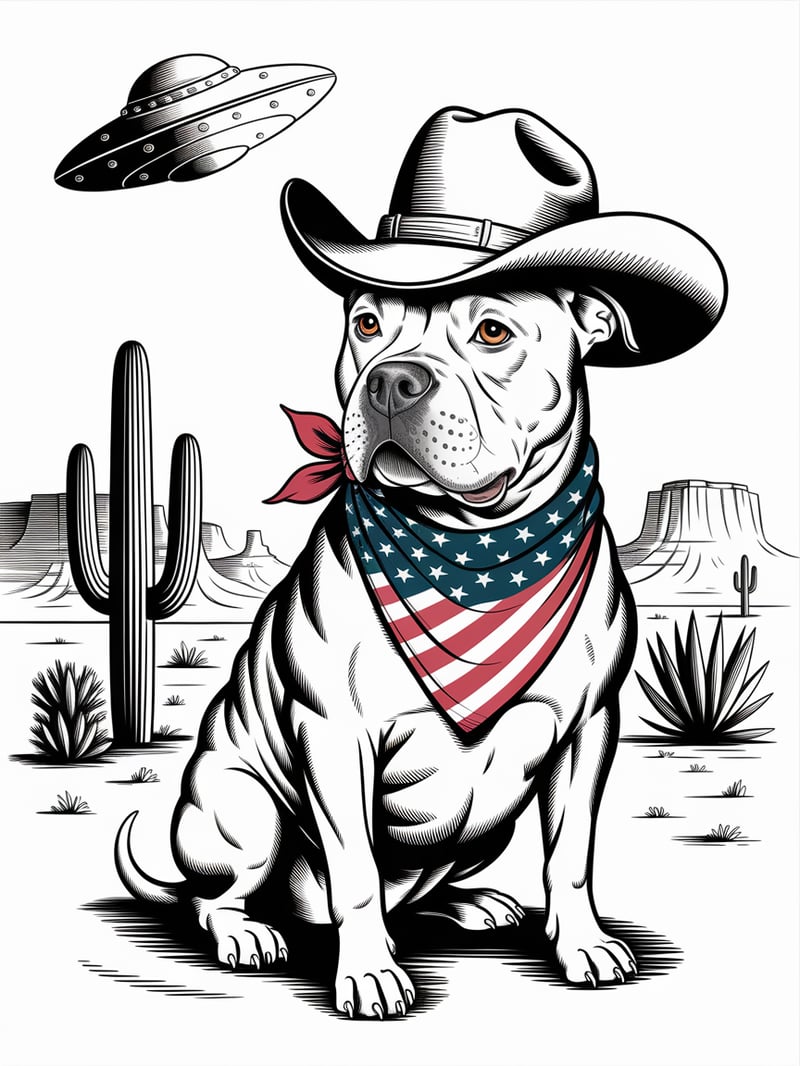 Cowboy Pitbull with UFO Illustration