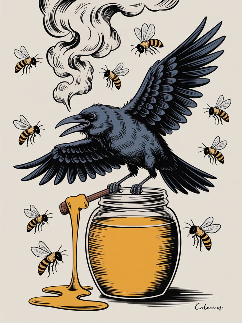 Raven with Bees and Honey Jar
