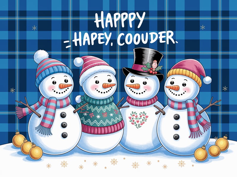 Whimsical Cartoon Snowmen Winter Scene