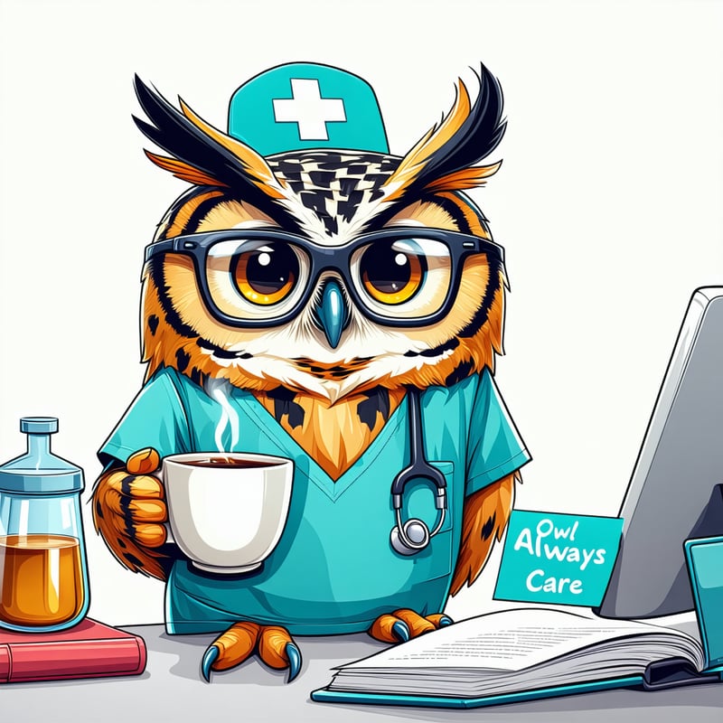 Cartoon Owl Nurse with Coffee