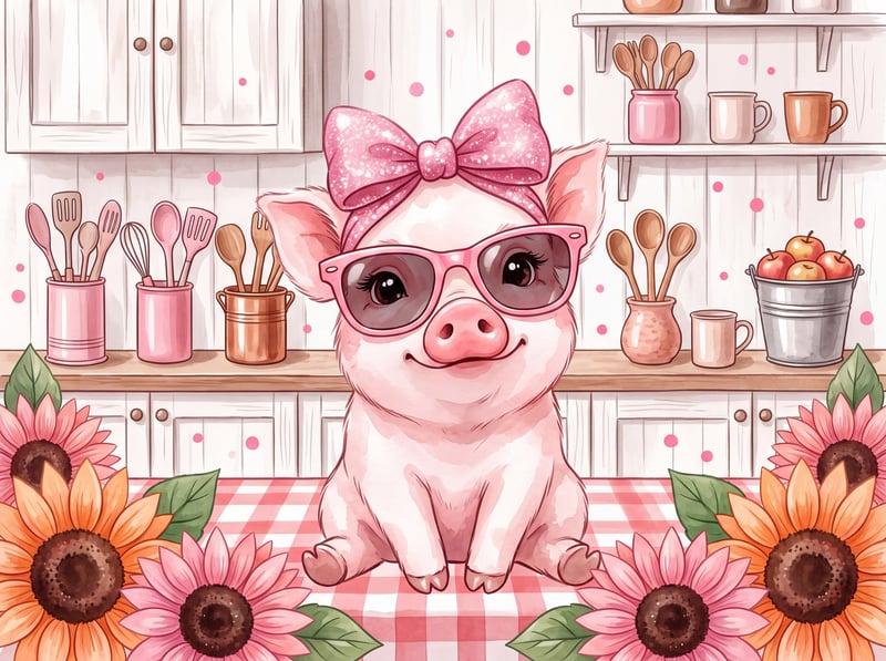 Cute Pig Illustration with Sunflowers