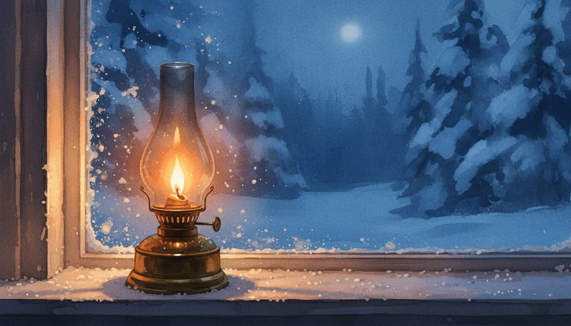 Antique Hurricane Lamp on Snowy Windowsill