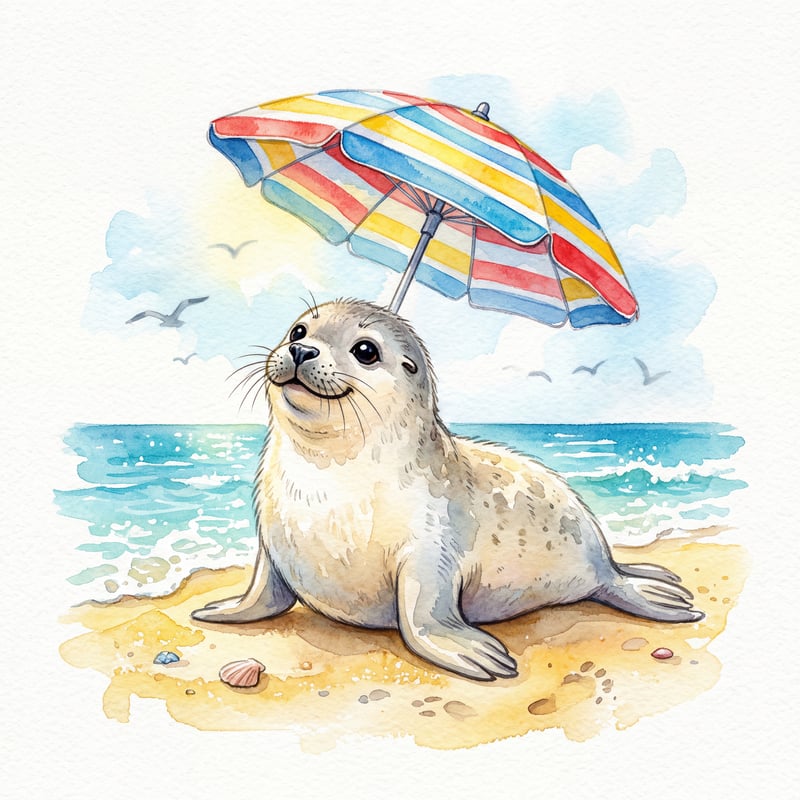 Watercolor Seal with Beach Umbrella