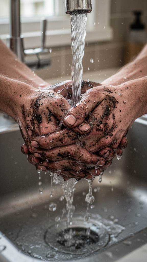 Close-up of Dirty Hands Being Washed