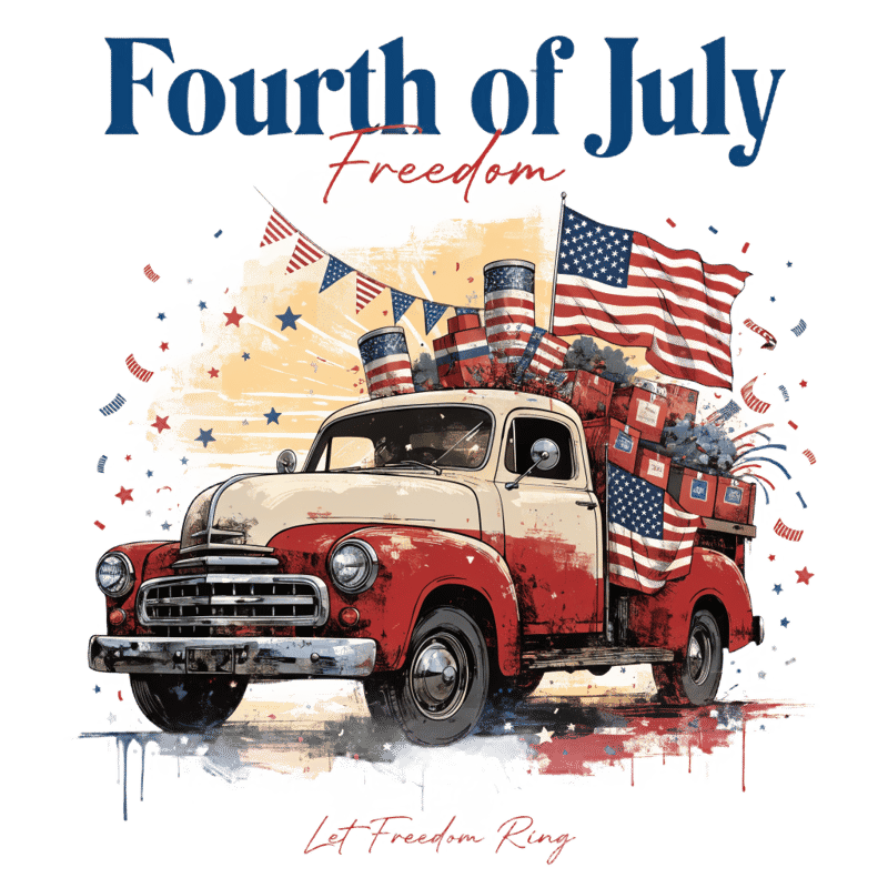 Vintage Pickup Truck with Patriotic Flags