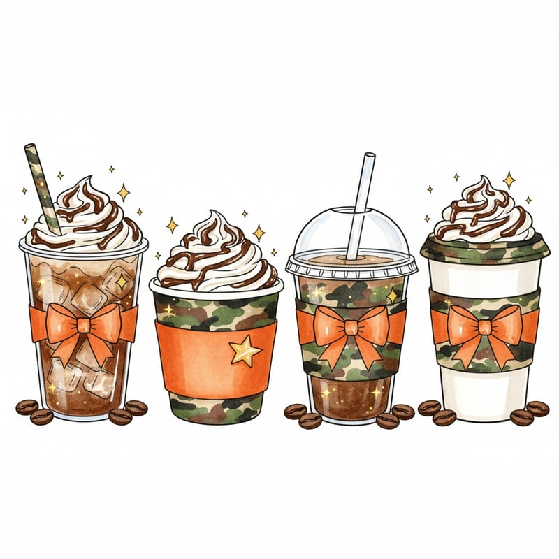 Watercolor Coffee Cups with Camo Accents