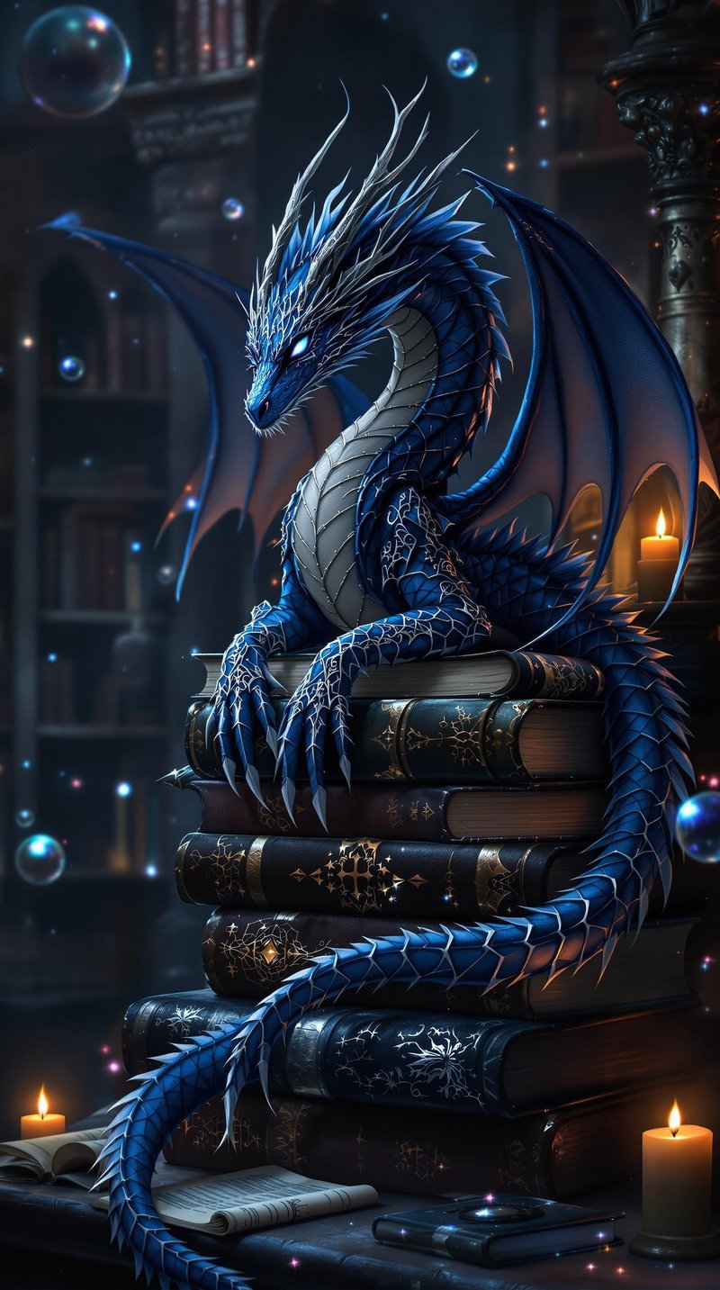Midnight Blue Dragon in Gothic Library
