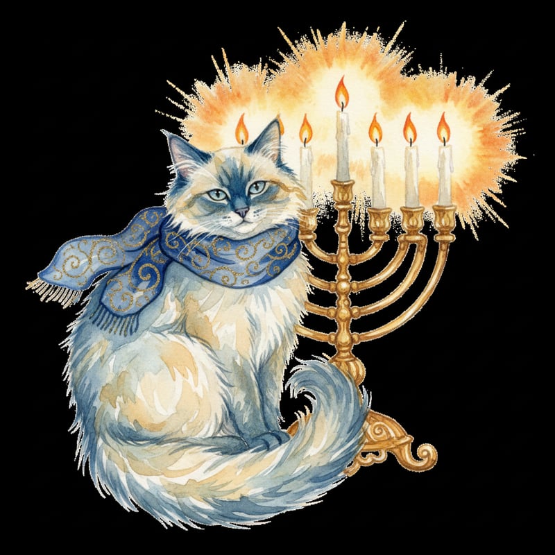 Watercolor Balinese Cat with Menorah