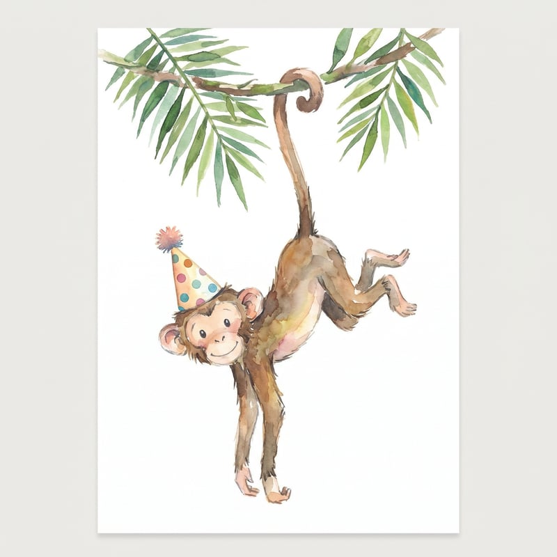 Watercolor Monkey with Party Hat