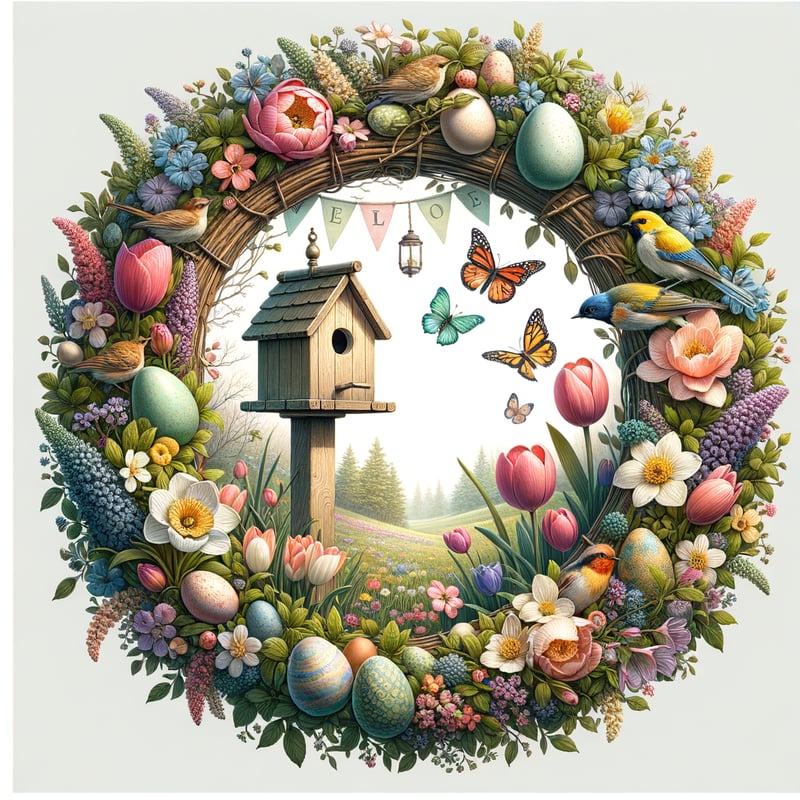 Circular Spring Scene with Wreath and Banner