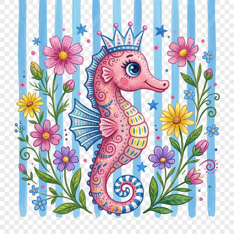 Colorful Folk Art Seahorse Illustration