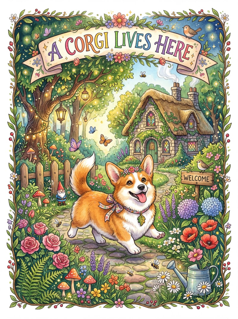 Whimsical Corgi Garden Illustration