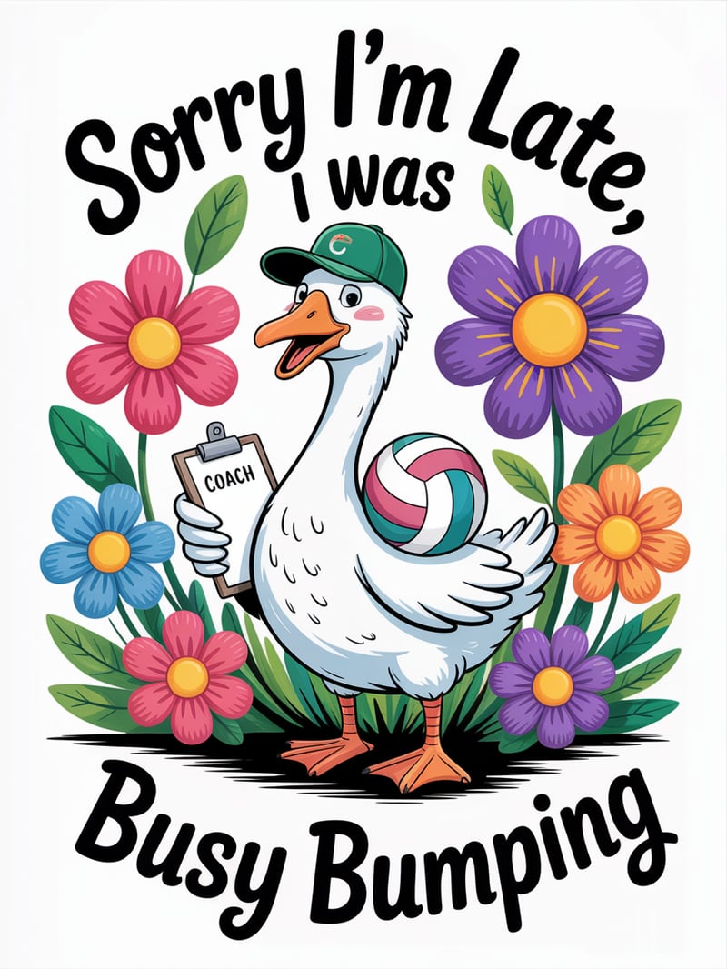Cartoon Goose with Volleyball and Flowers