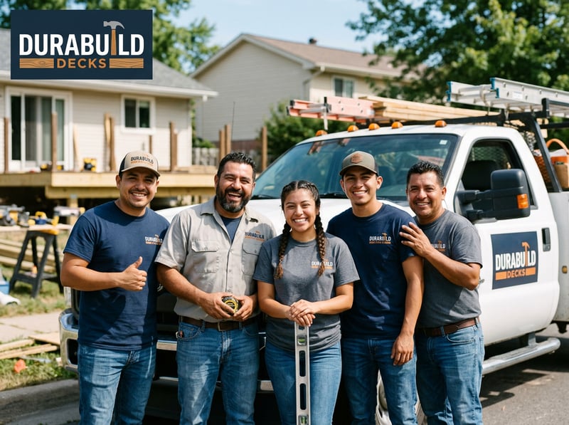Hispanic Deck Builders Posing by Truck