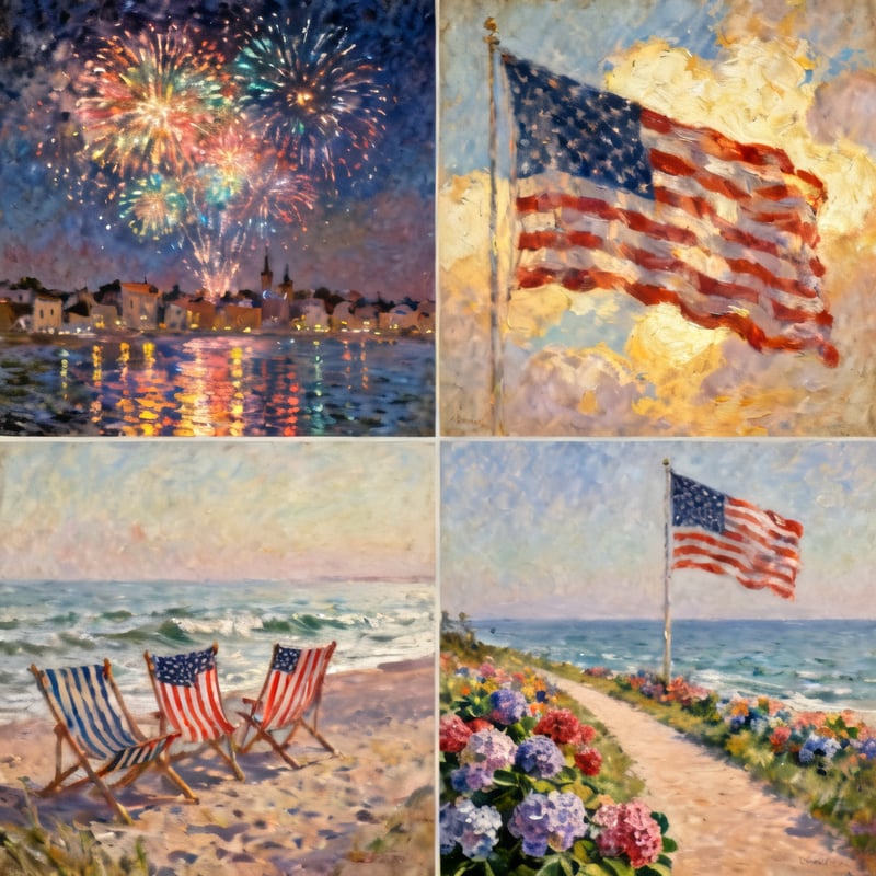 American Flag and Coastal Oil Paintings