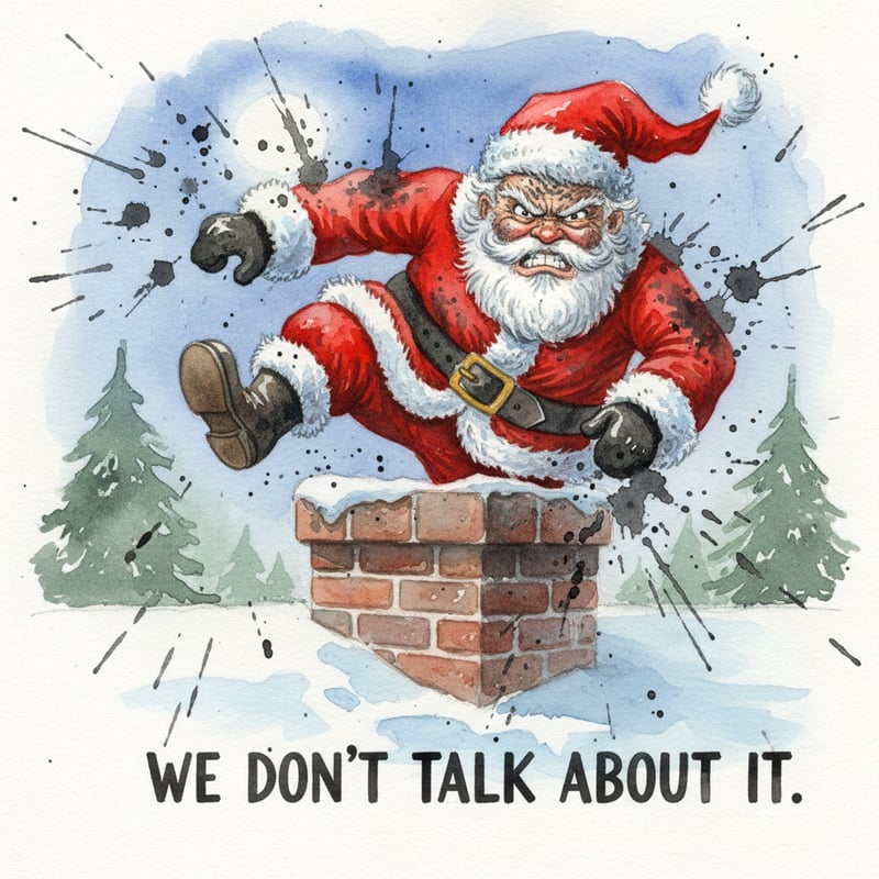 Watercolor Santa Stumbling Out Chimney