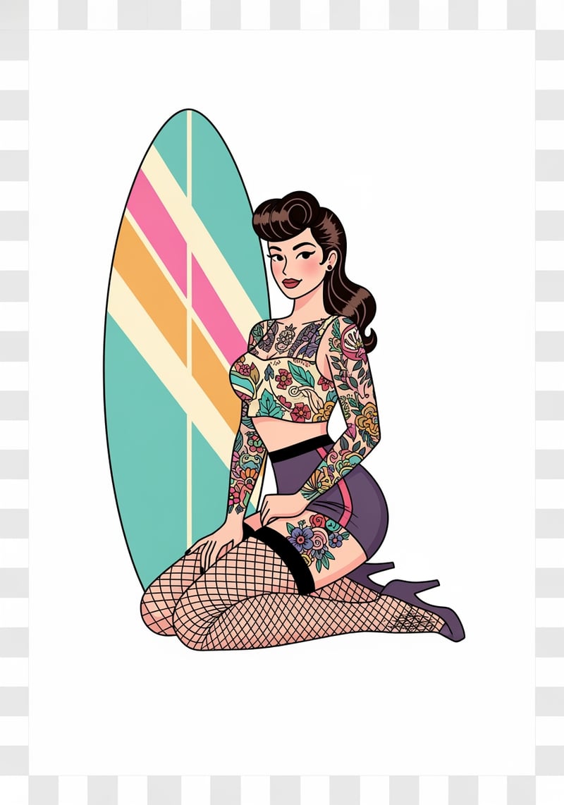 Modern Tattooed Pinup with Surfboard