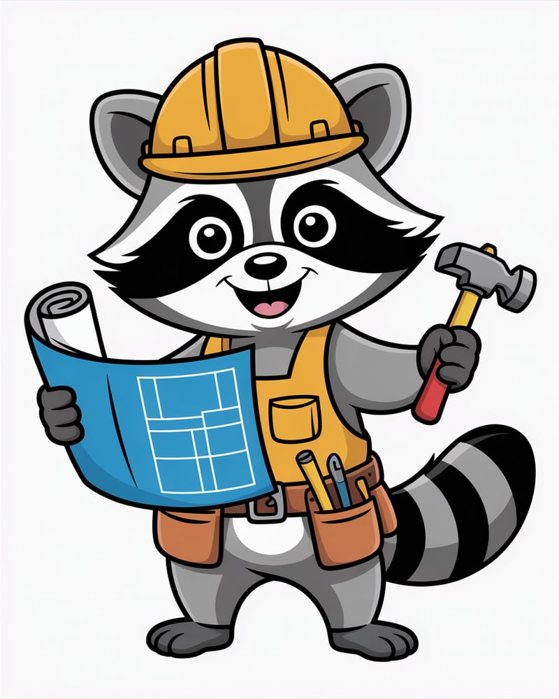 Cartoon Raccoon Construction Worker