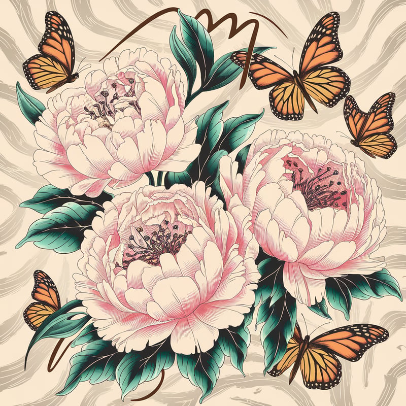 Vibrant Peonies and Butterflies Tattoo Design