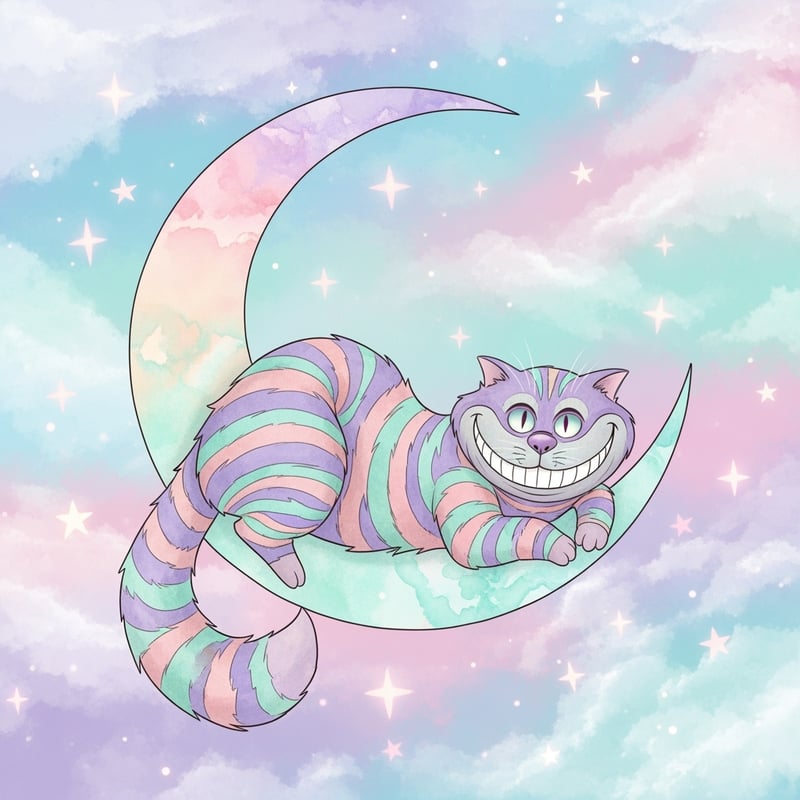 Pastel Cheshire Cat on Crescent Moon