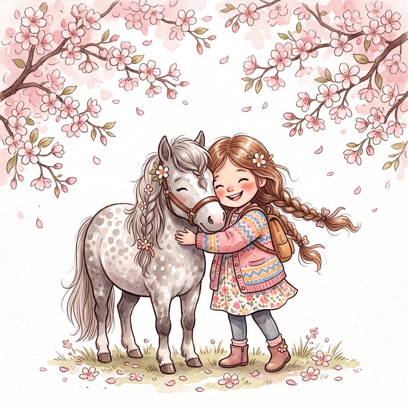 Girl Hugging Pony Under Cherry Blossoms