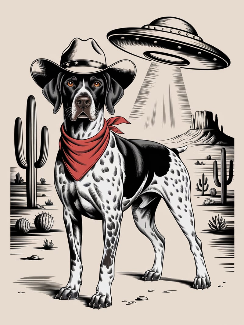 Cowboy Dog with UFO in Western Desert