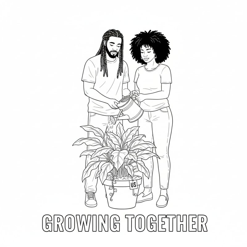 Black Couple Watering Plant Line Art