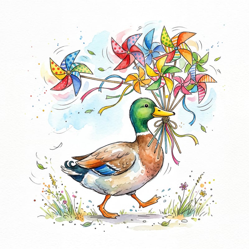 Duck with Colorful Pinwheels Illustration