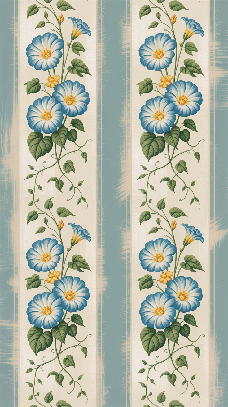 Vintage Blue Floral Stripe Wallpaper