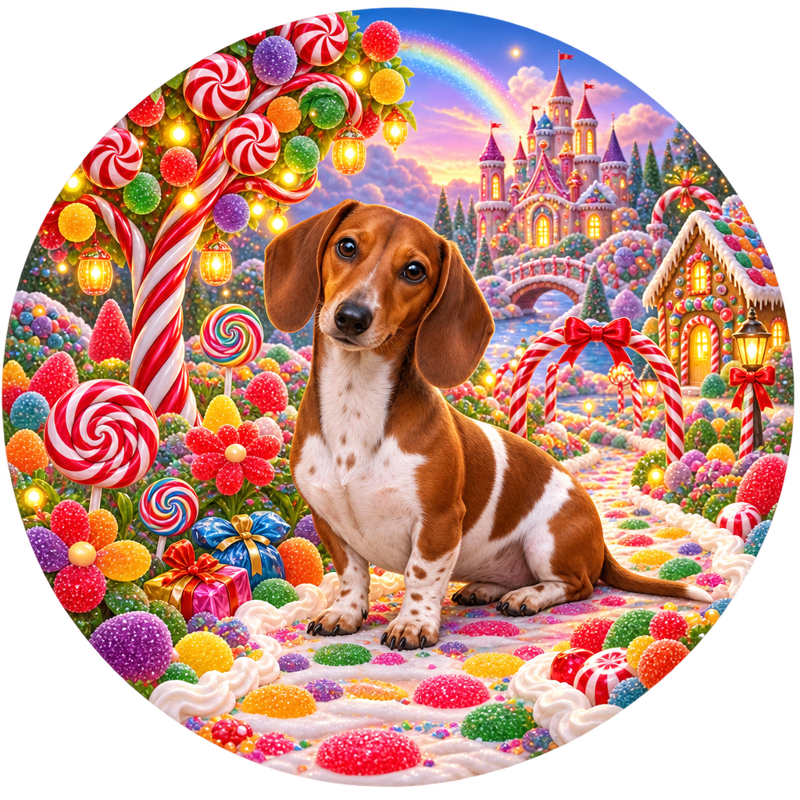 Red Piebald Dachshund in Candy Garden