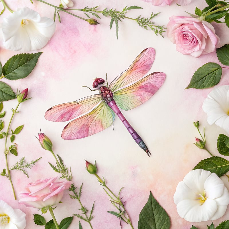 Watercolor Illustration of Dragonfly and Flowers