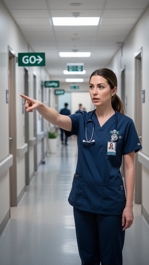 Nurse Pointing Down Hall in Navy Scrubs