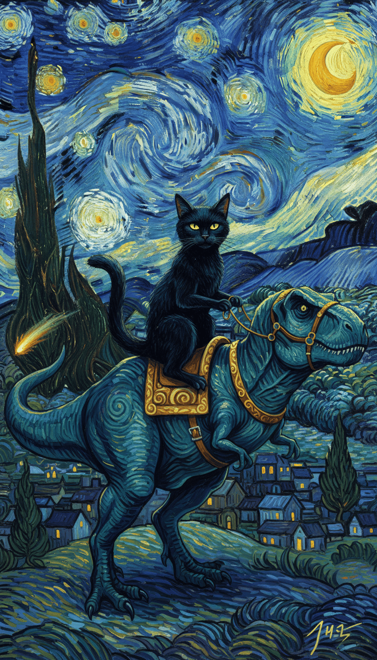 Black Cat on T-Rex in Starry Night Style