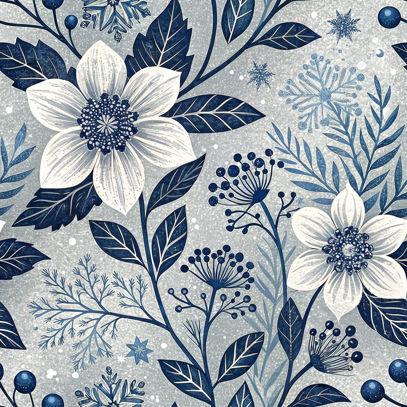 Navy Silver Floral Snowflake Pattern