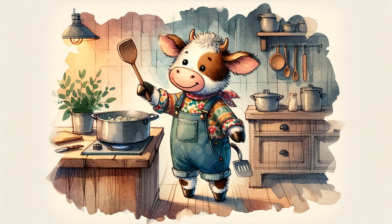Whimsical Cow Cooking in Cozy Kitchen