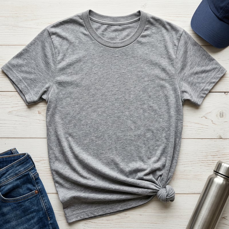 Photorealistic Grey Crew Neck T-Shirt Flat Lay