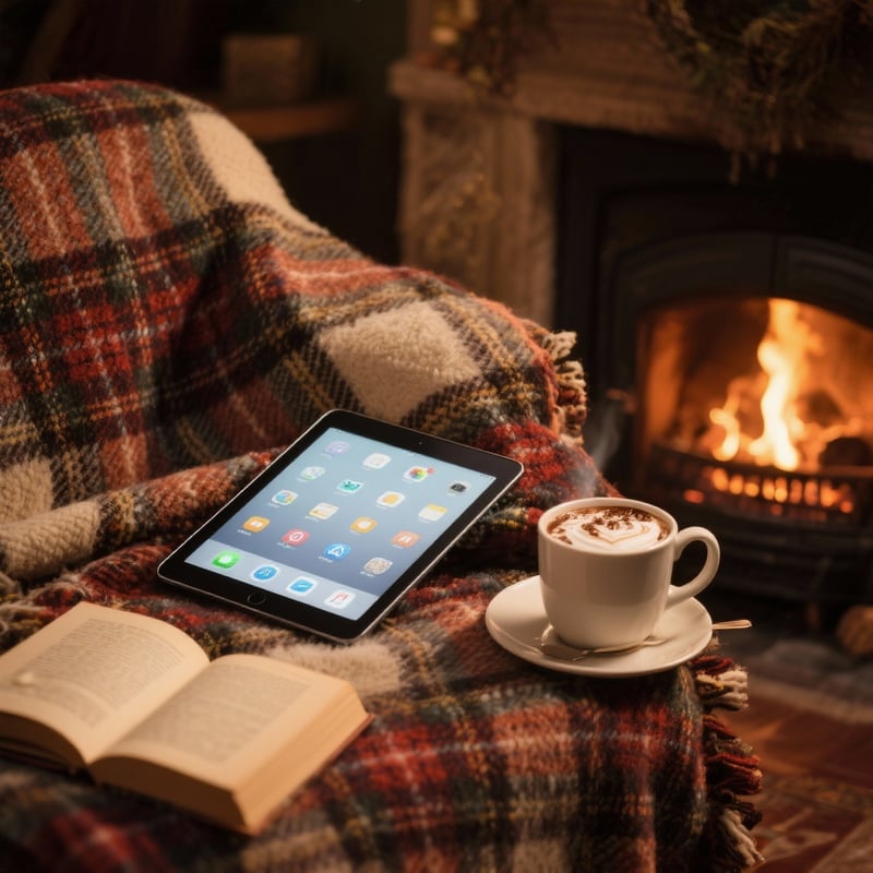 Cozy Fireplace Setup with Book and Cocoa