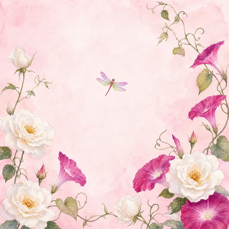 Watercolor Illustration of Dragonfly and Flowers