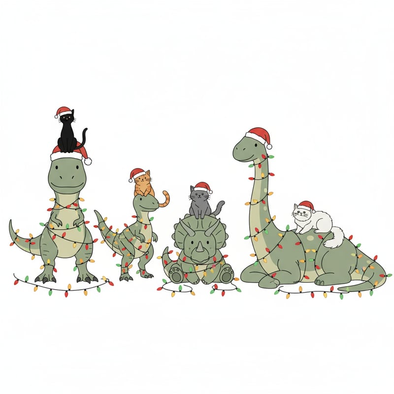 Dinosaurs and Cats with Christmas Lights