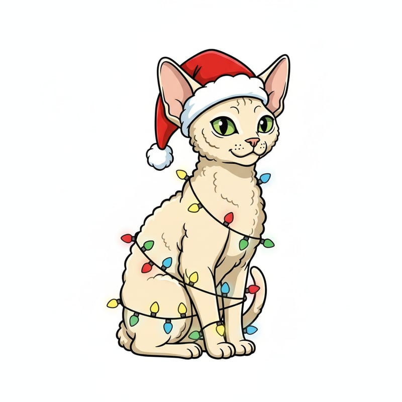 Devon Rex Cat in Santa Hat