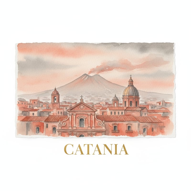Watercolor Painting of Catania with Mount Etna