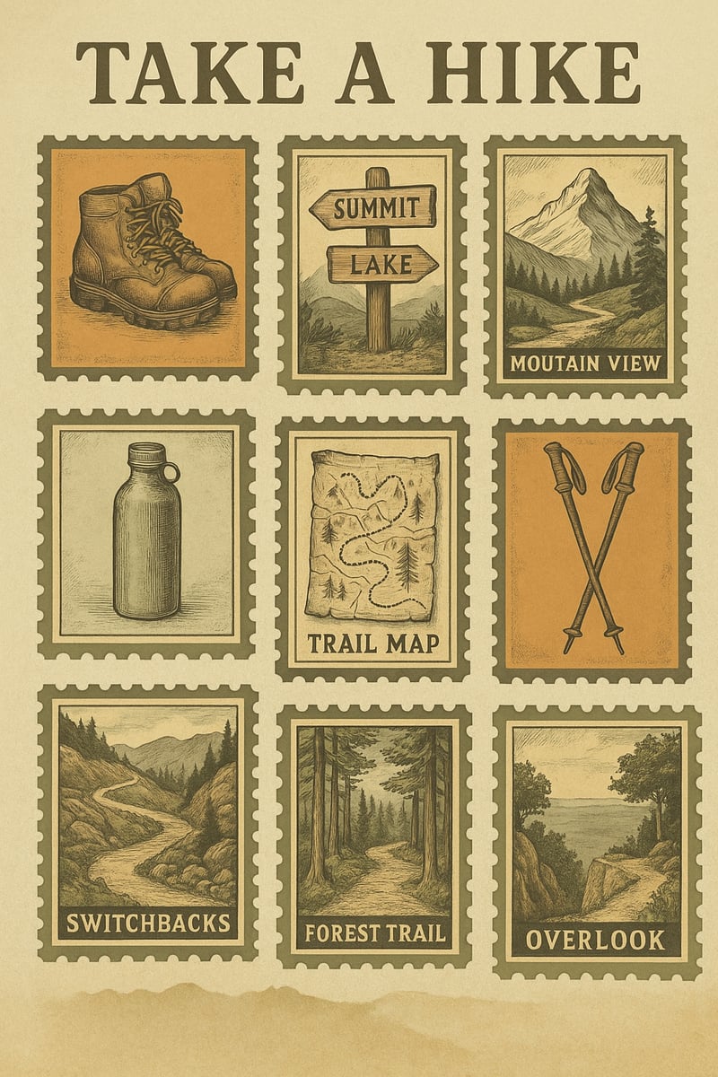 Retro Hiking Postage Stamps