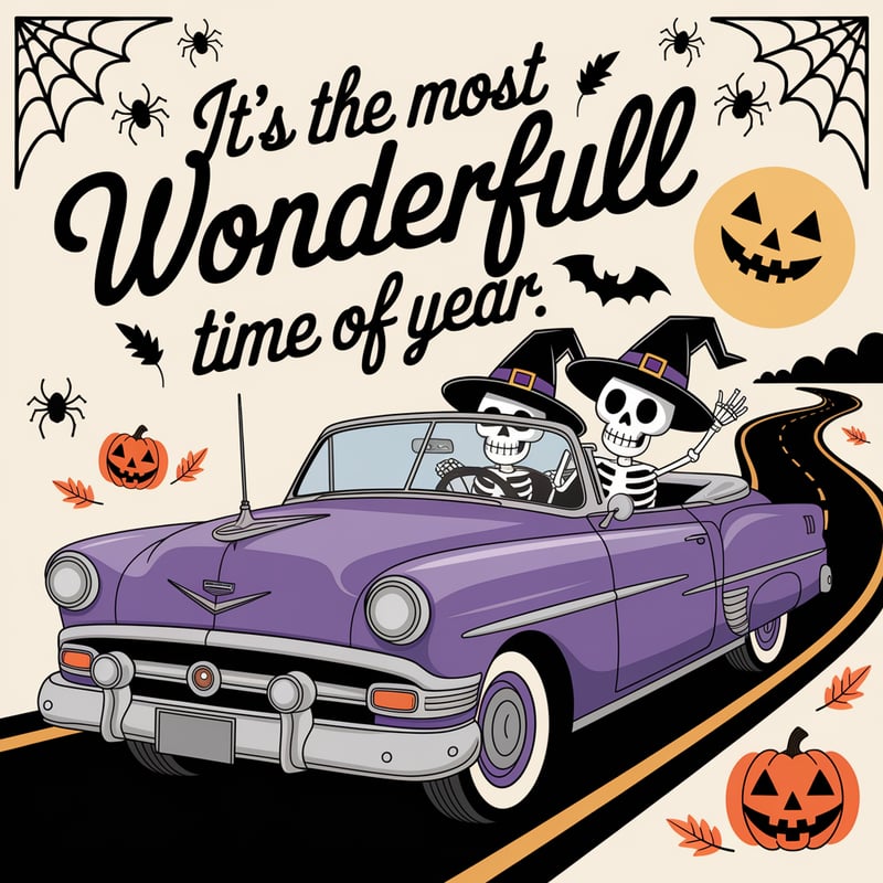 Whimsical Halloween Skeleton Car Illustration