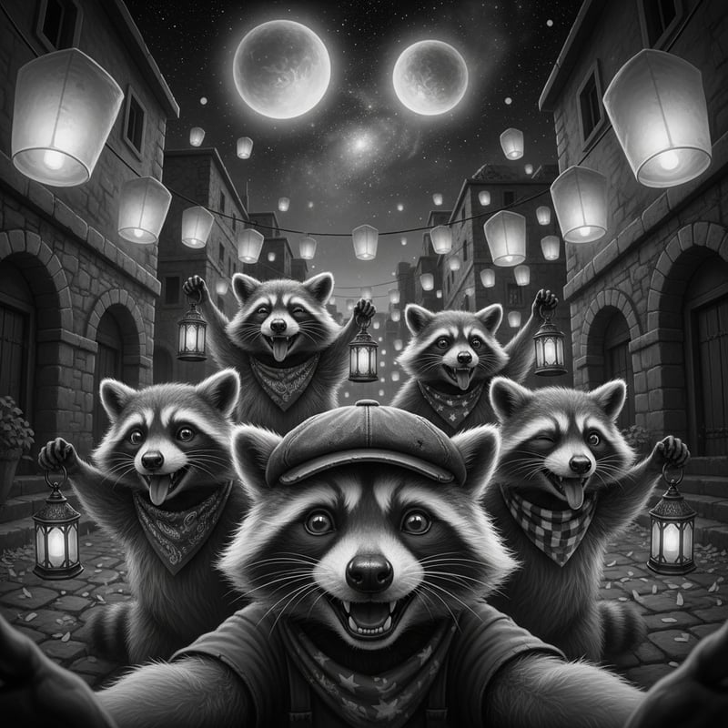 Greyscale Raccoon Selfie with Lanterns